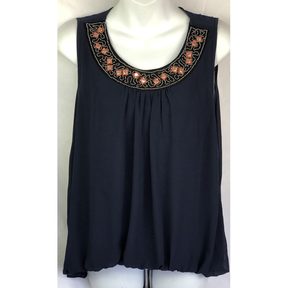 Vintage Sleeveless Tank Top XL Blue Bead ScoopNeck Balloon Hem Boho Whimsy Y2K